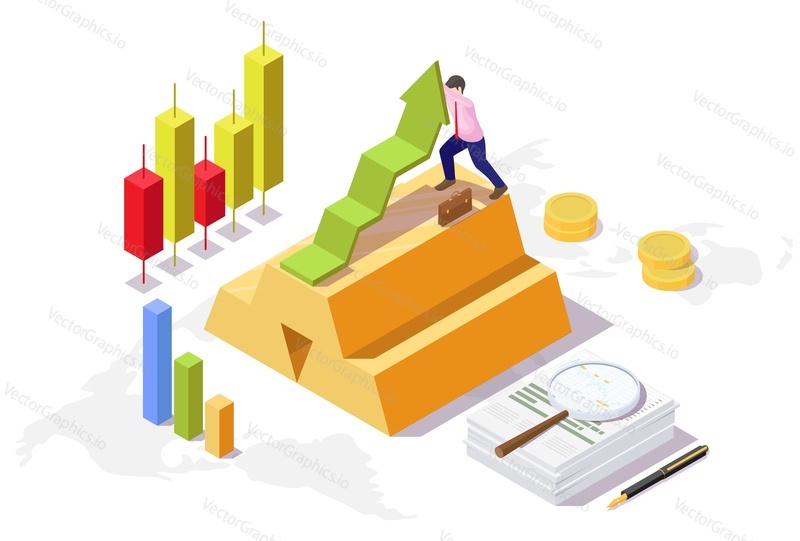 Gold ingots, increasing charts, flat vector isometric illustration. Gold prices rise concept.