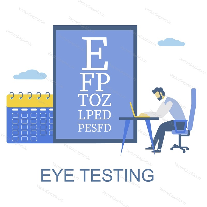 Online eye test chart. Man testing vision from home sitting in front of laptop computer, flat vector illustration. Online eyesight and vision checkup.
