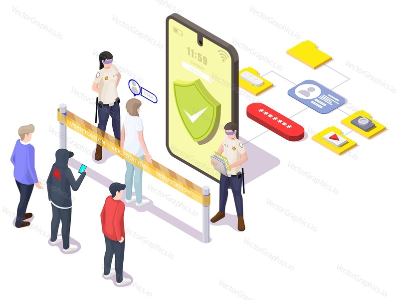 Mobile phone user in front of smartphone with shield on screen, flat vector isometric illustration. User identification. Mobile authentication, verification of user identity.