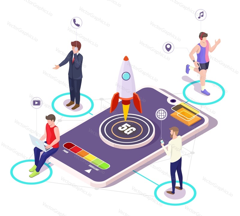 Isometric smartphone, 5g rocket startup. People talking on mobile phones, watching video on laptop computer, jogging with smart watch, vector illustration. 5g network wireless systems.