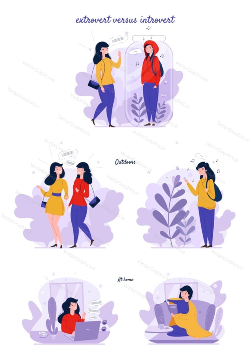 Extrovert and introvert personality types, flat vector isolated illustration. Communicative and shy, alone characters, extraverted and introverted mindset people. Extroversion, introversion.