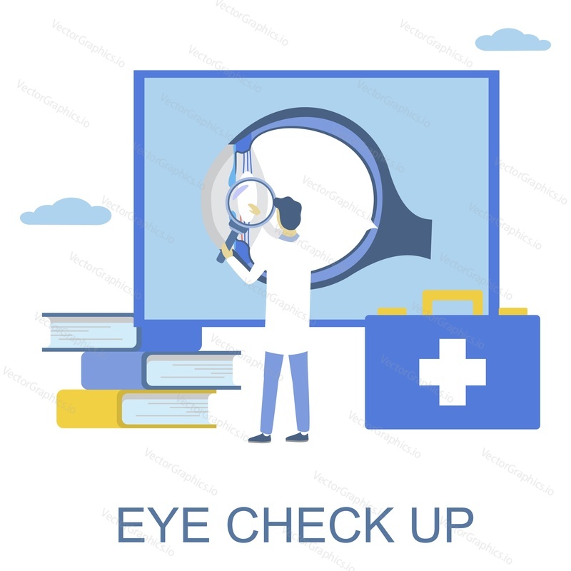 Eye check up. Doctor ophthalmologist examining human eye with magnifying glass, flat vector illustration. Eyesight test, vision correction. Ophthalmology.