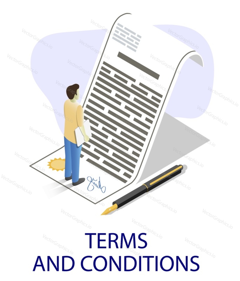 Businessman reading contract, flat vector isometric illustration. Terms and conditions. Contract review, agreement checking and signing process.