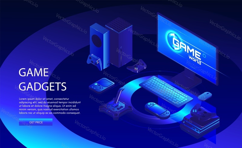 Game gadgets web banner template. Equipment for gamers including console, controller, computer, vector isometric illustration. Online games and video console gaming.