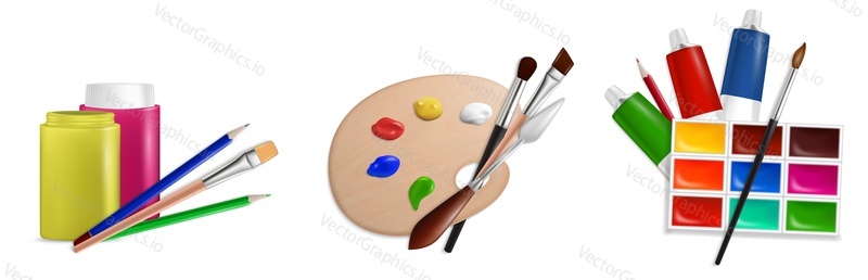 Art paints set, artist tools and accessories, vector isolated illustration. Acrylic, oil, watercolour, gouache paints and art supplies.