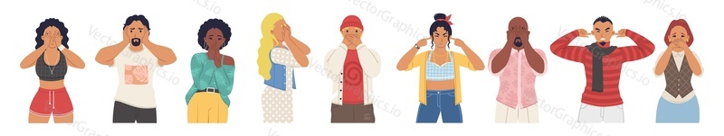 People closing eyes with hands and plugging ears with fingers, flat vector isolated illustration. Disregard, disagreement, refusal, denial, ignoring.