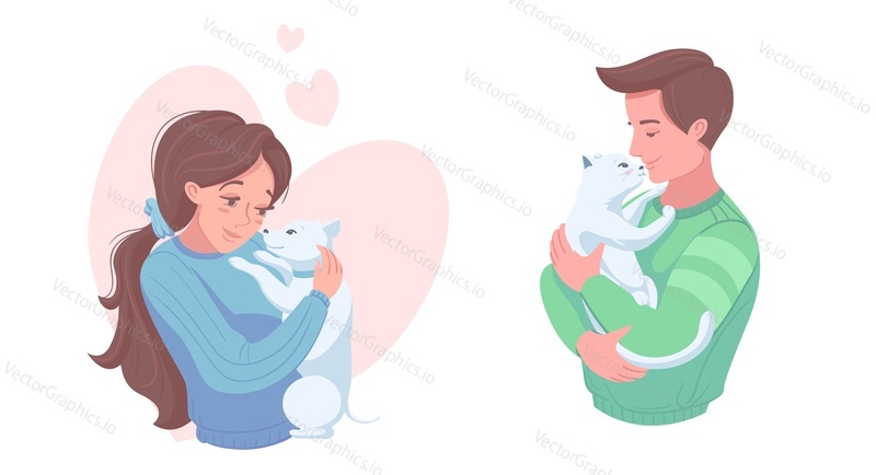 Happy pet owners with cute puppy and kitten, flat vector illustration. Girl and boy petting, hugging dog and cat, their best animal friends. Pet ownership, domestic animal care, love.