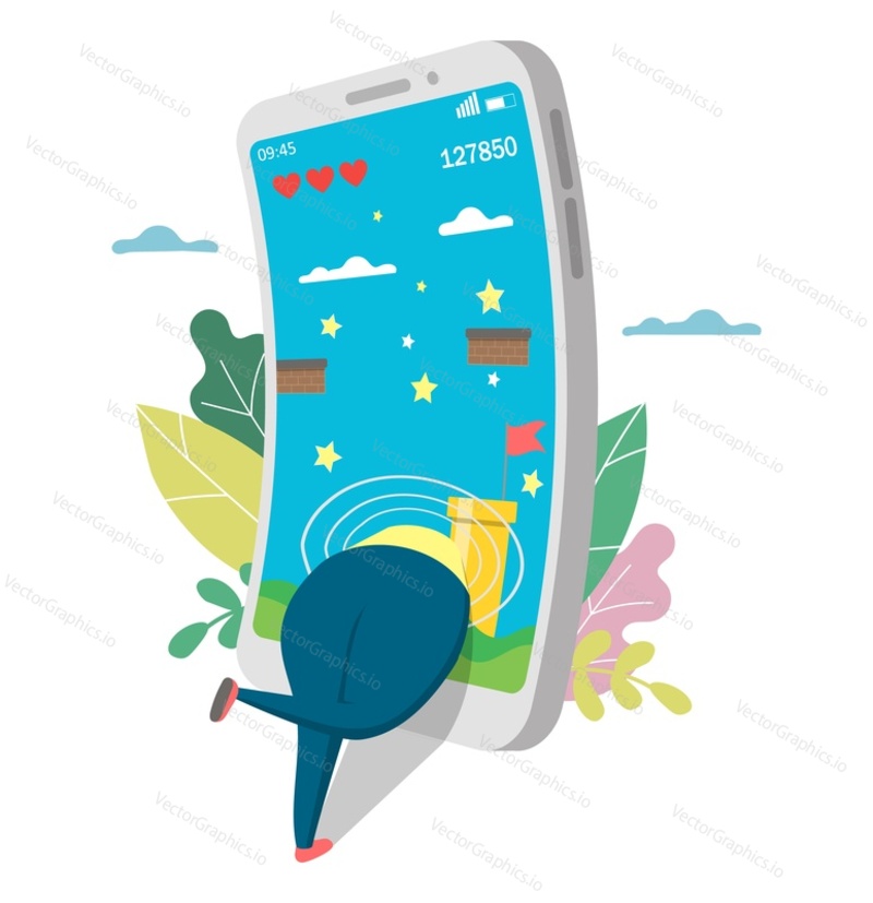 Woman playing video game on smartphone, flat vector illustration. Mobile game addiction. Online gaming. Unhealthy lifestyle.