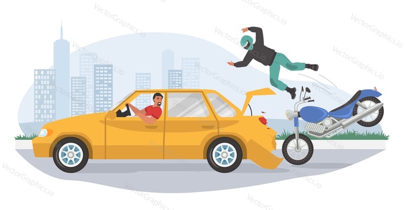 Авария на мотоцикле, плоская векторная иллюстрация. Столкновение мотоцикла с автомобилем. Автомобильная авария, раненый мотоциклист. Дорожно-транспортное происшествие.