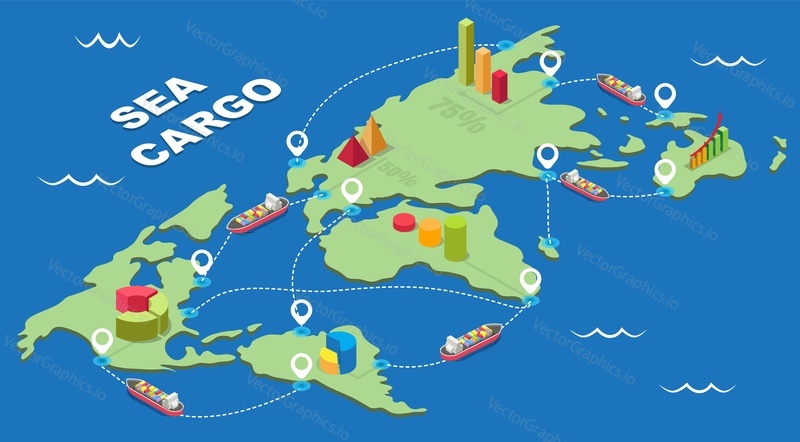 Sea cargo infographic. World map with global marine logistics network, flat vector isometric illustration. Worldwide sea freight shipping. Maritime industry.