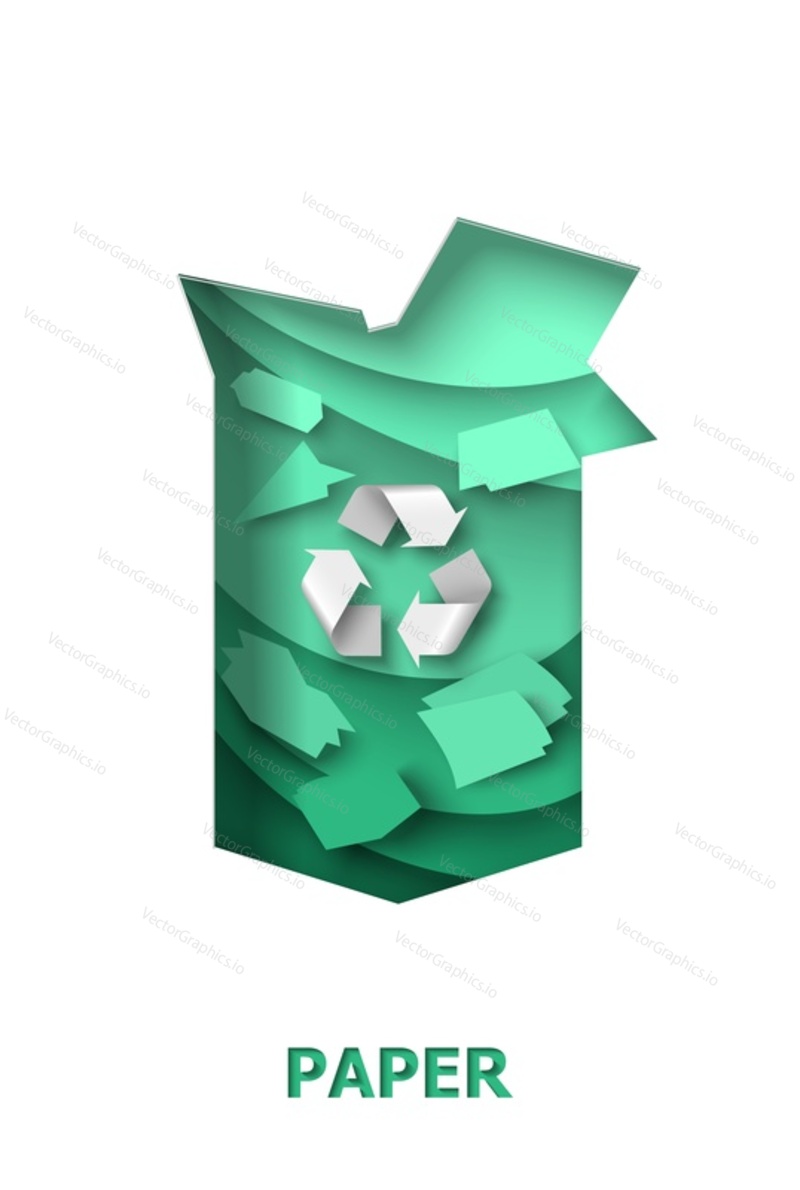 Recycle cardboard box with paper garbage and recyclable material sign, vector illustration in paper art craft style. Carton packaging box with recycle symbol. Waste reuse. Save environment.
