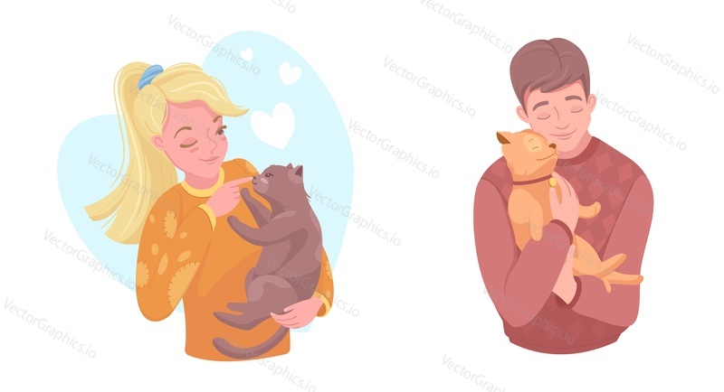 Happy pet owners with adorable puppy and kitten, flat vector illustration. Girl and boy petting little dog and cat, their best four-legged friends. Pet ownership, domestic animal care and love.