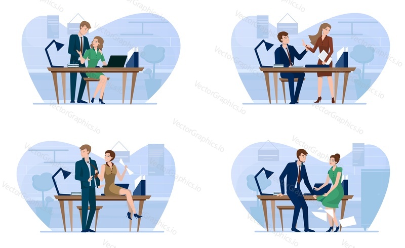 Sexual harassment scenes in business office. Boss flirting with secretary or employee, flat vector isolated illustration. Love affairs at work. Romantic relationship, extramarital workplace affairs.
