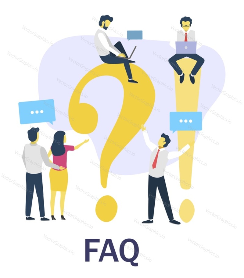 People asking questions and receiving answers, flat vector illustration. Frequently asked questions, FAQ, customer support, helpful advices.