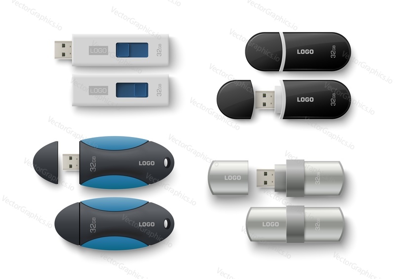USB flash drive realistic color mockup set, vector illustration. Flash memory, usb stick, thumb drive template. Portable electronic data storage device.