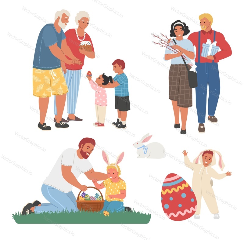 Family Easter celebration scene set, flat vector isolated illustration. Happy grandparents, parents and kids with bunny, decorated Easter eggs, cake, basket and pussy willow branches. Egg hunt game.