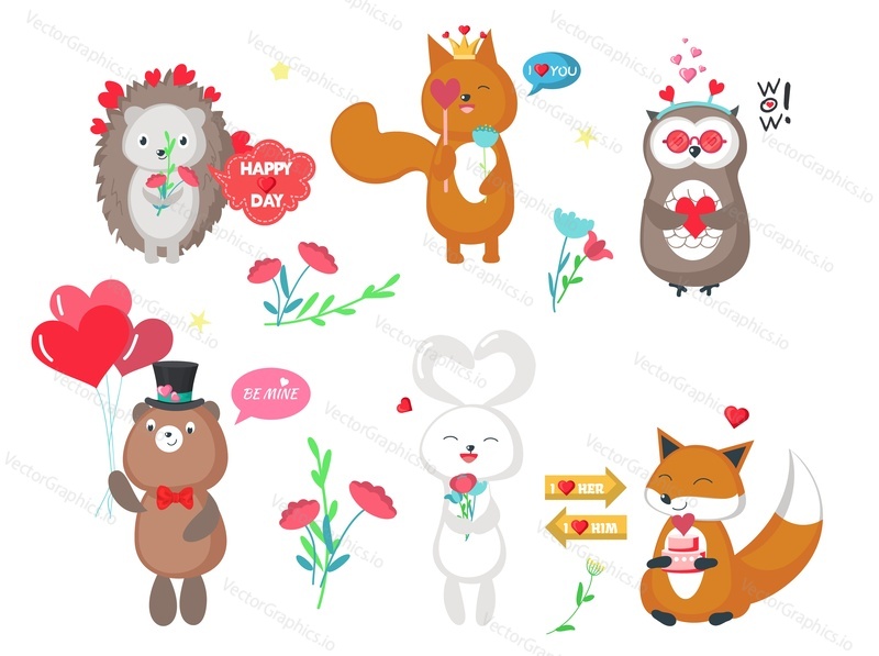 Cute forest animals in love, flat vector isolated illustration. Funny bear, hedgehog, squirrel, fox, owl, rabbit with hearts, balloons for Happy Valentines Day greeting card, sticker.