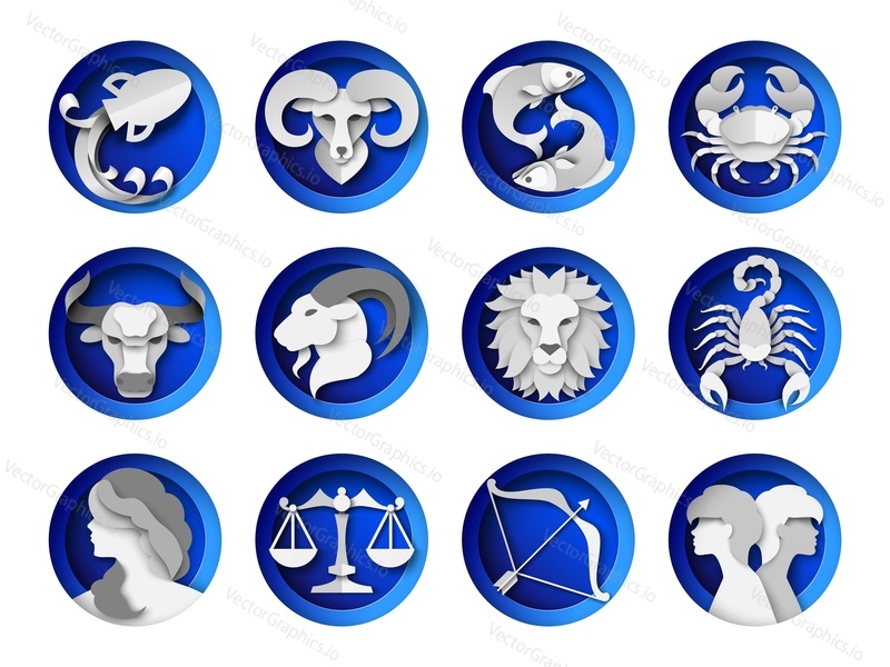 Zodiac signs, horoscope symbols, vector illustration in paper art style. Twelve astrology signs for calendar, diary, card etc. Astrological predictions.