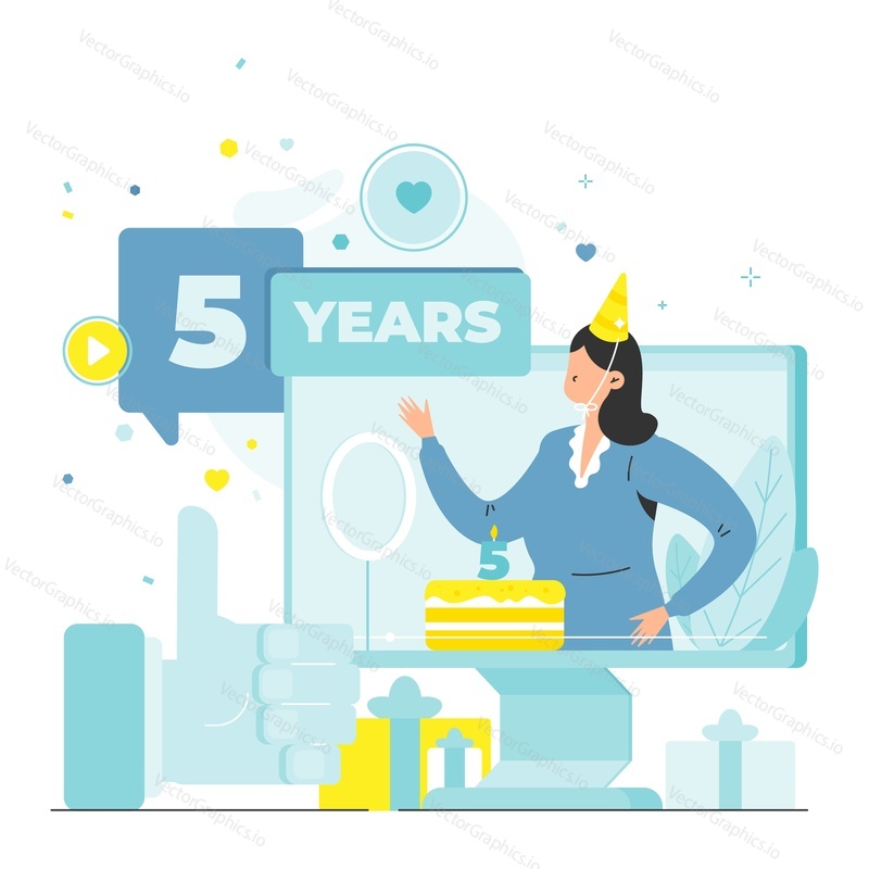 Blogger celebrating happy 5th blog birthday, flat vector illustration. Blog anniversary and achievements celebration.