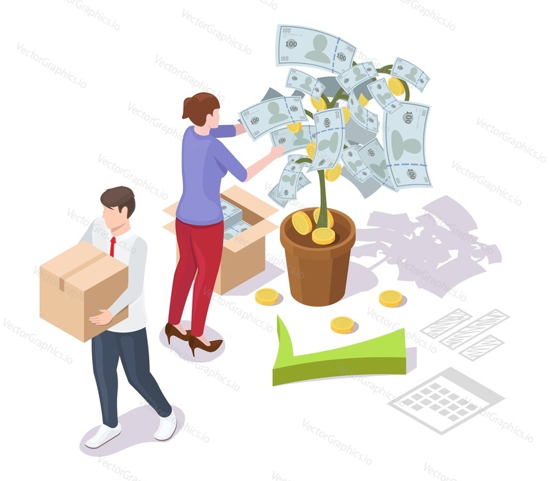 Business people harvesting dollar banknotes from money plant in pot, flat vector isometric illustration. Business investment profit, income, financial growth.