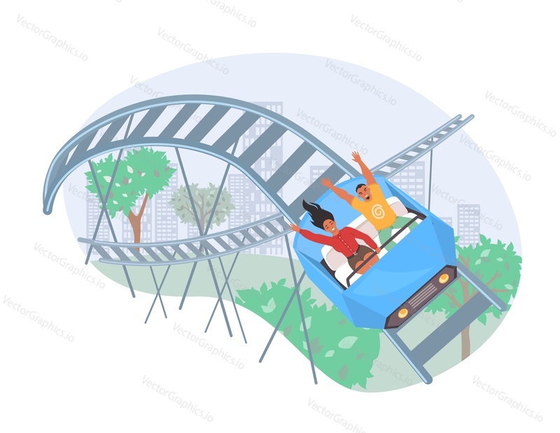 Roller coaster ride, flat vector illustration. Happy couple enjoying fast open car ride. Fairground, amusement park attraction. Entertainment, leisure activity.