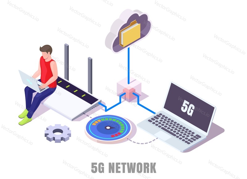 5g cellular network. Man working on laptop, transferring data, testing new high speed internet while sitting on router, flat vector isometric illustration. 5g new generation of wireless technology.