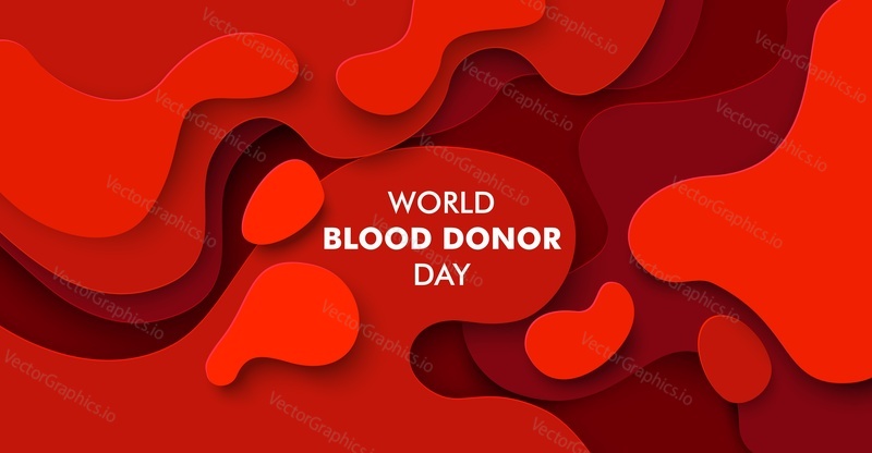 World Blood Donor Day, vector paper cut horizontal poster, banner template. Red blood liquid shape abstract background.
