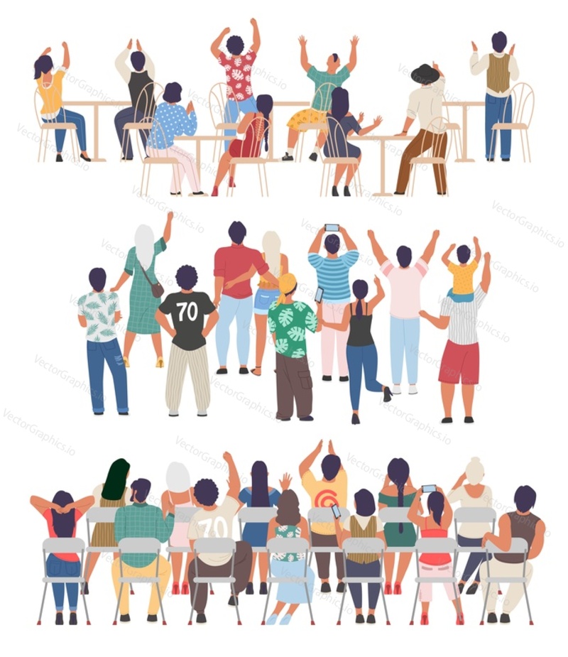 Group of people cheering while sitting, standing, back view flat vector illustration. Sports fans, tv show audience, concert event spectators, academic auditorium.