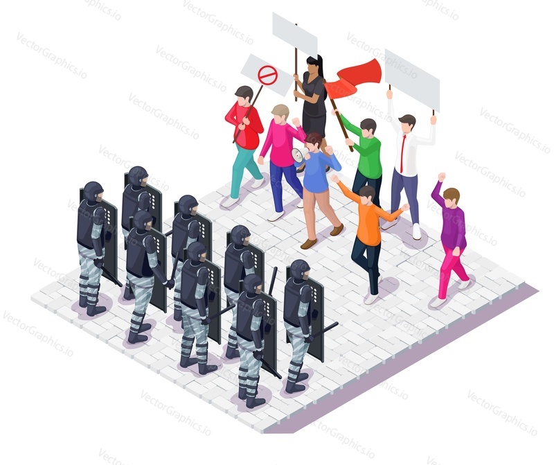Crowd of protesters with placards and flags, police with riot shields and batons, flat vector isometric illustration. Social protest, movement, picket, demonstration, strike, nonviolent action.