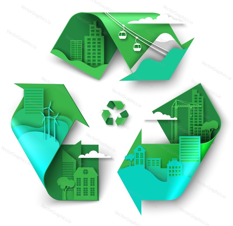 Recycle sign with eco friendly city elements, mountain nature, vector paper cut illustration. Sustainable urban lifestyle with alternative energy, green parks. Waste reuse and recycling symbol, label.