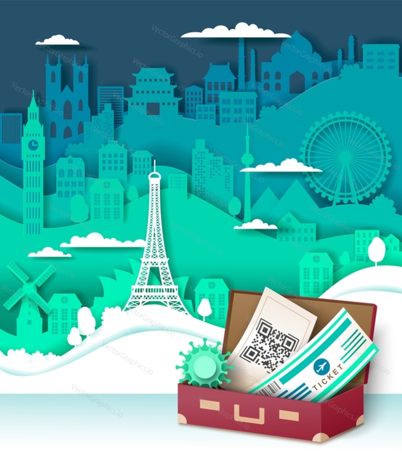World famous landmarks, suitcase with travel ticket and COVID-19 vaccine QR code, vector illustration in paper art style. Covid-19 travel rules and restrictions, quarantine requirements.