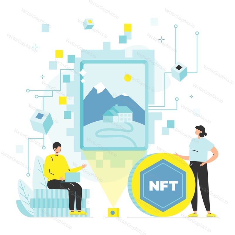 Art collector buying NFT crypto art for cryptocurrency, flat vector illustration. Nft art. Non-fungible token.