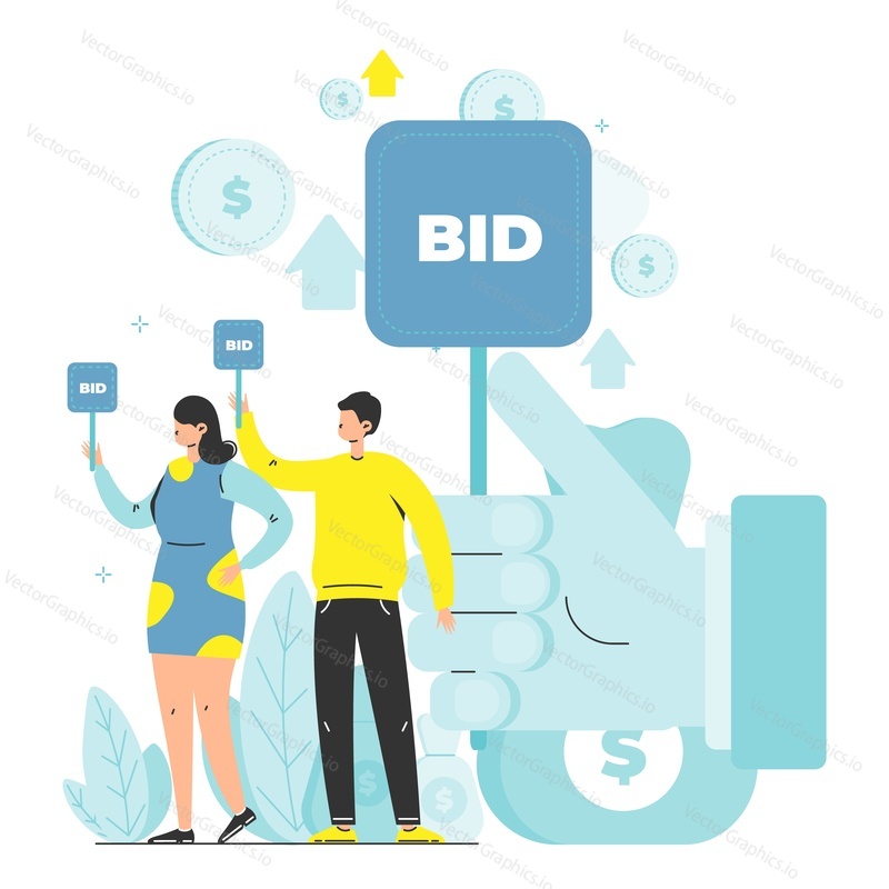 Bidders offering prices with bid paddles, flat vector illustration. Auction and bidding concept.