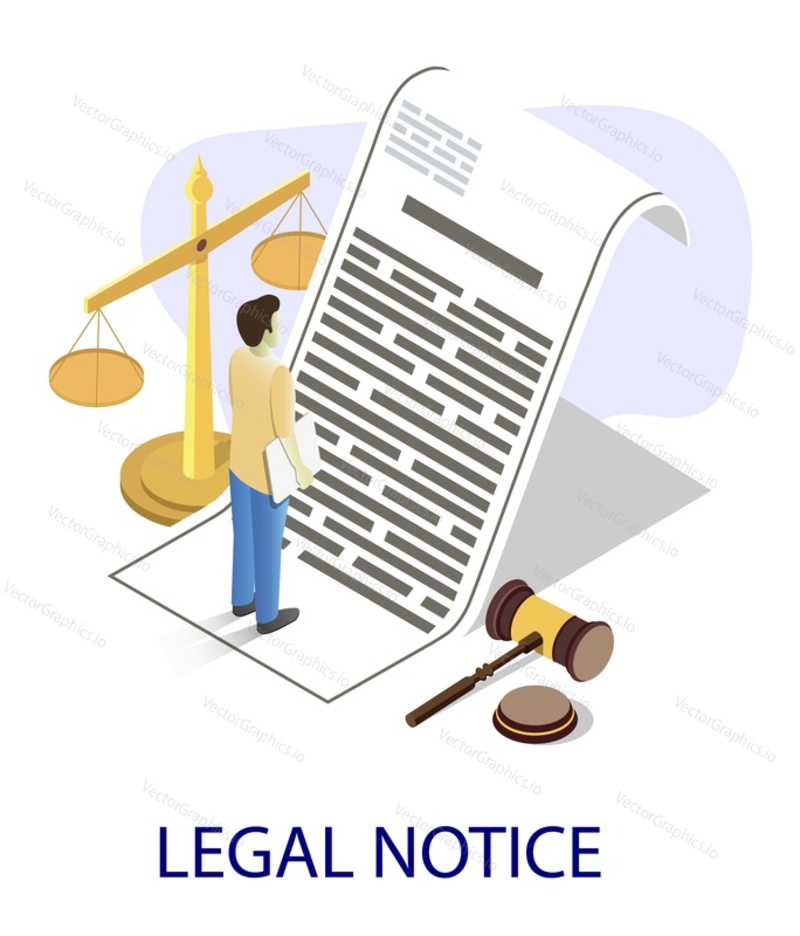 Businessman reading contract, scales of justice, judge gavel, flat vector isometric illustration. Legal notice. Contract review, agreement checking and signing process.
