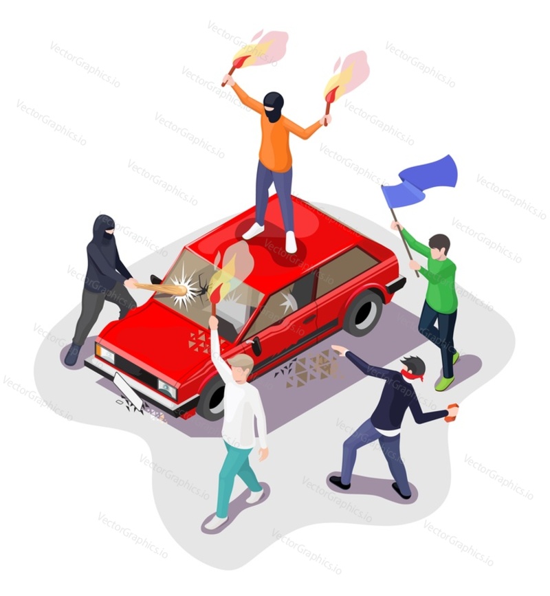 Crowd of hooligans with burning torches damaging car with clubs and stones, flat vector isometric illustration. Civil unrest, street riot, civil disorder.