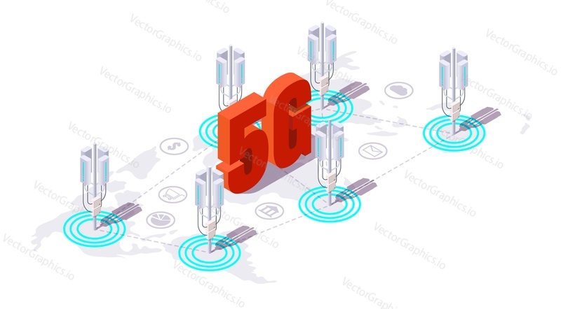 Base station antenna, communication tower for 5g high speed internet, flat vector isometric illustration. 5g network coverage concept.
