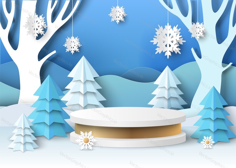 White round display podium mockup, paper cut winter forest landscape, vector illustration. Winter podium for gift, cosmetic product promotion. Season sales poster, banner template.