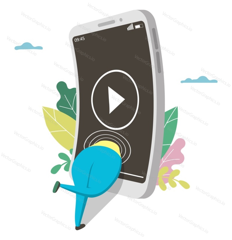 Addicted to the internet woman watching video on smartphone, flat vector illustration. Internet video addiction. Unhealthy lifestyle