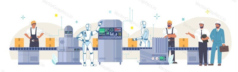 Automated production line, flat vector illustration. Robot machines working at industrial automatic conveyor belt with cardboard boxes. Robotic assembly and packaging process. Industry automation.