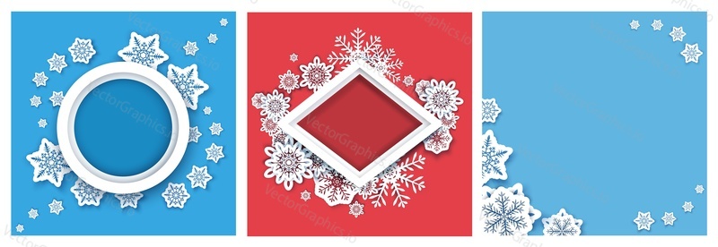Winter social media story, post, banner, poster template set. Vector illustration in paper art style. Winter backgrounds, frames with snowflakes.