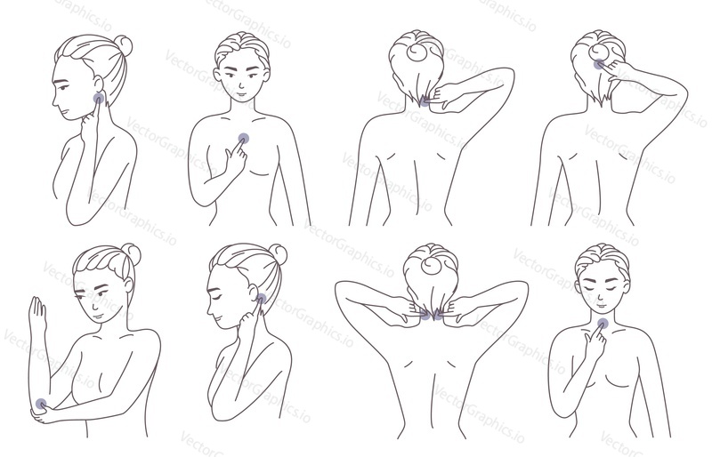 Female character pressing acupressure points on her neck, elbow, head, breast to relieve pain and muscle tension, vector illustration. Acupressure massage therapy, traditional chinese medicine.
