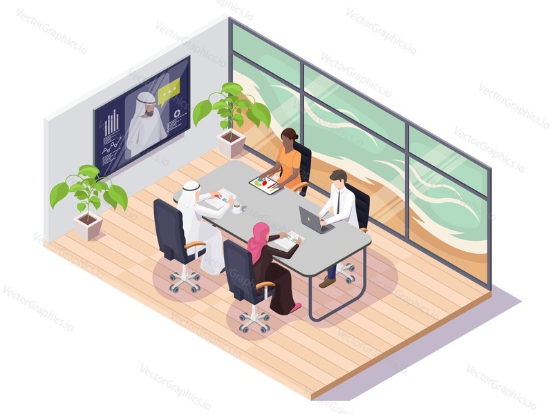 Video conference, meeting, negotiations, discussion with arabian business people in office, flat vector isometric illustration. Teamwork, partnership.