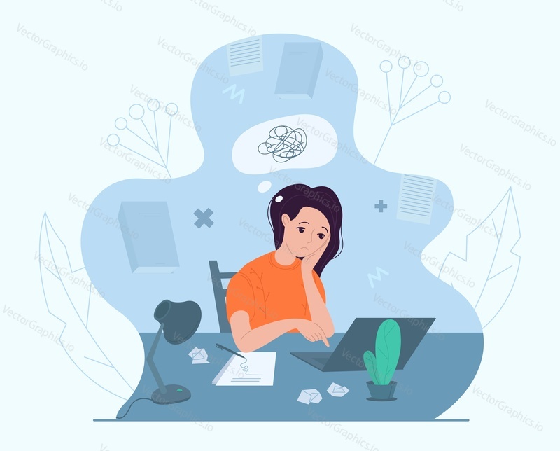 Female writer experiencing creative crisis or block, flat vector illustration. Sad woman sitting at table with clean sheet of paper on it. Creativity crisis, anxiety, fatigue, headache, depression.