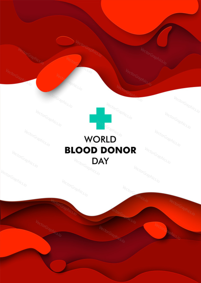 World Blood Donor Day, vector paper cut vertical poster, banner template. Papercut red blood liquid shape abstract background with text and medical cross.