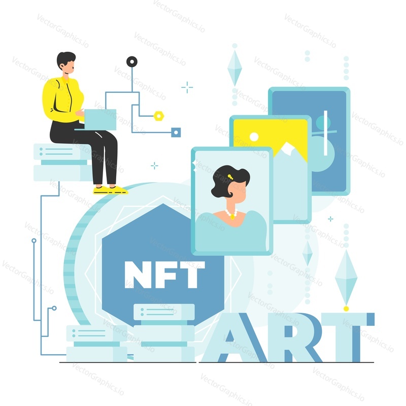 Digital artist creating crypto art and selling nft tokens, flat vector illustration. Nft art. Non-fungible token.