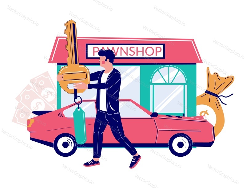 Car pawnshop services, flat vector illustration. Customer getting money in exchange for car key. Pawn shop loan.