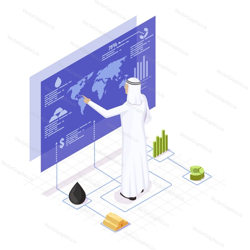 Businessman wearing saudi arabian traditional dress pointing at world map, flat vector isometric illustration. Infographic template with crude oil symbol, gold ingots, charts.
