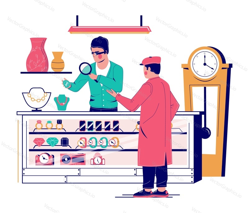 Customer bringing expensive jewelry to pawnbroker looking at it under magnifying glass, flat vector illustration. Pawn shop services.