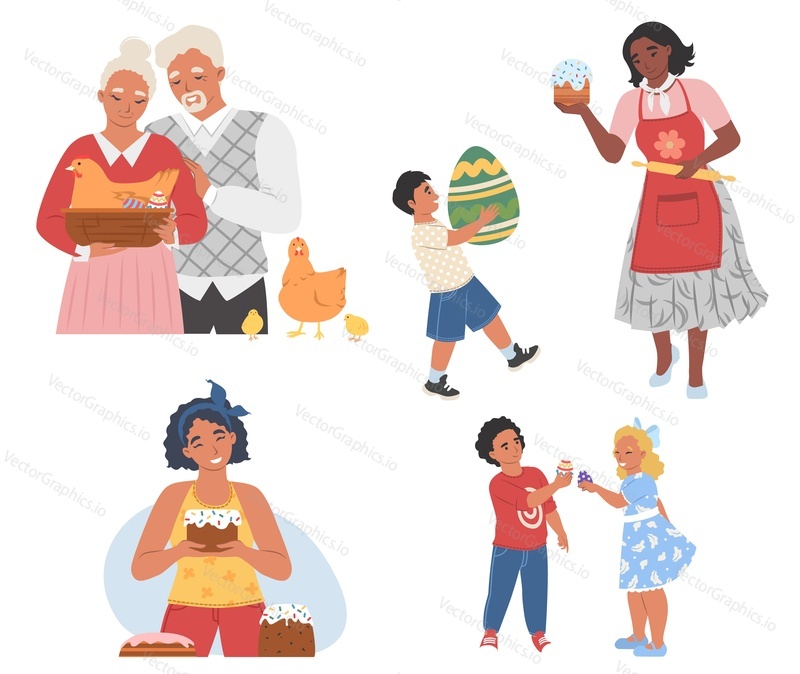 Family Easter celebration scene set, flat vector isolated illustration. Happy grandparents, mom, kids with decorated Easter eggs, cake, basket, chicken.