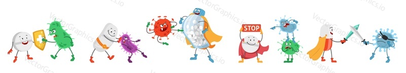 Superhero pills fighting bacteria, viruses, flat vector isolated illustration. Tablet, capsule, funny cartoon characters with sword, shield, wearing super hero cape winning microbes.